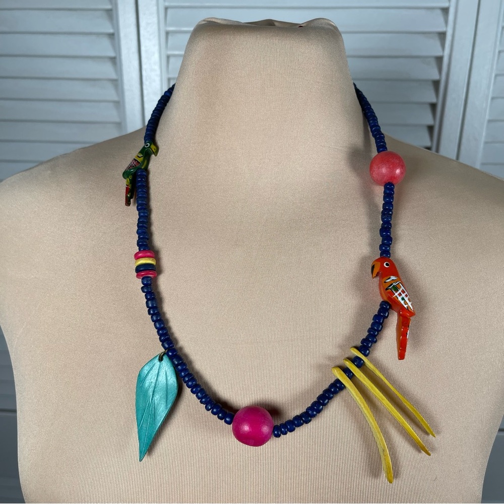 Hand-Carved Parrot Beaded Necklace Blue Tropical Boho Statement Jewelry